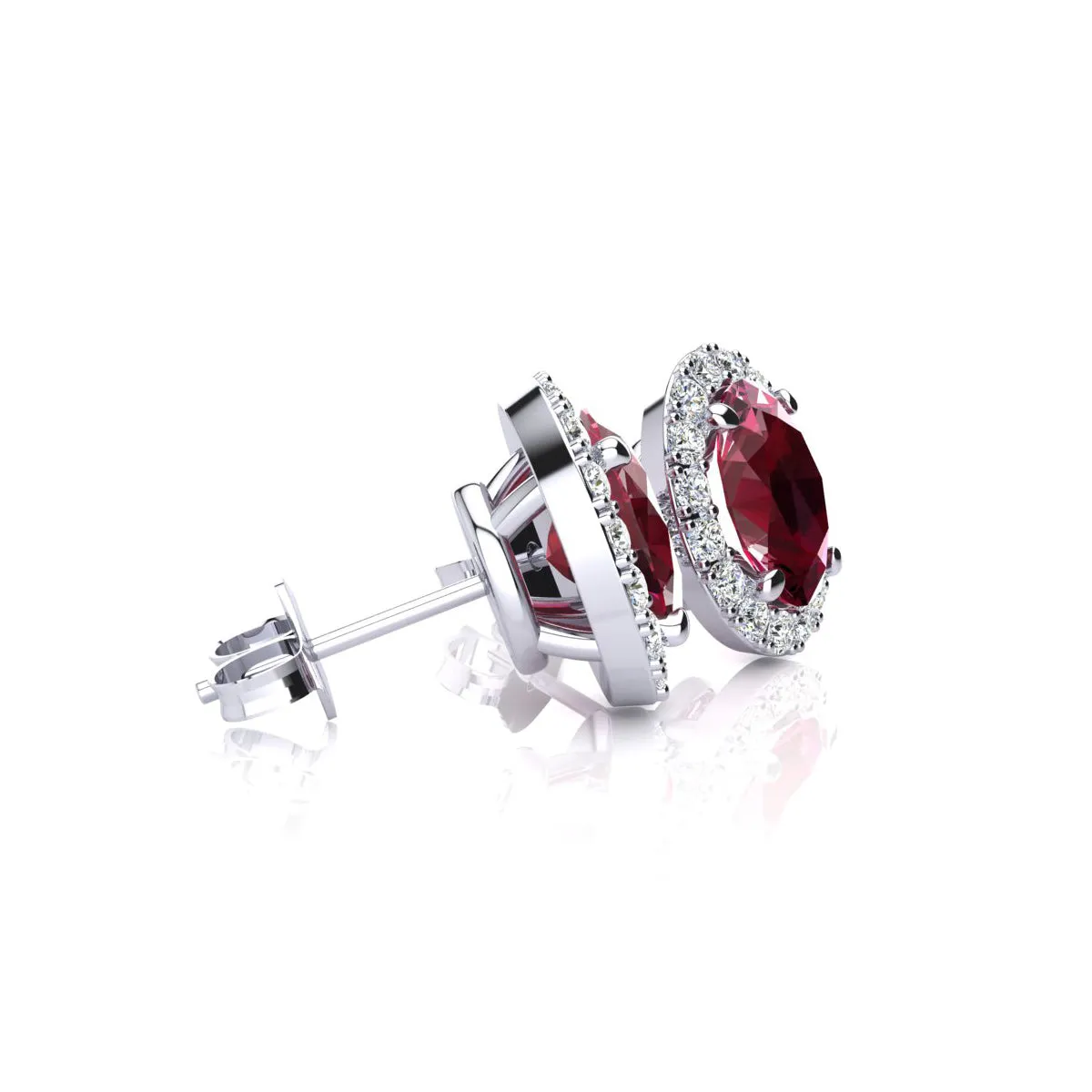 1 1/4 Carat Oval Shape Ruby And Halo Diamond Stud Earrings In 14 Karat White Gold