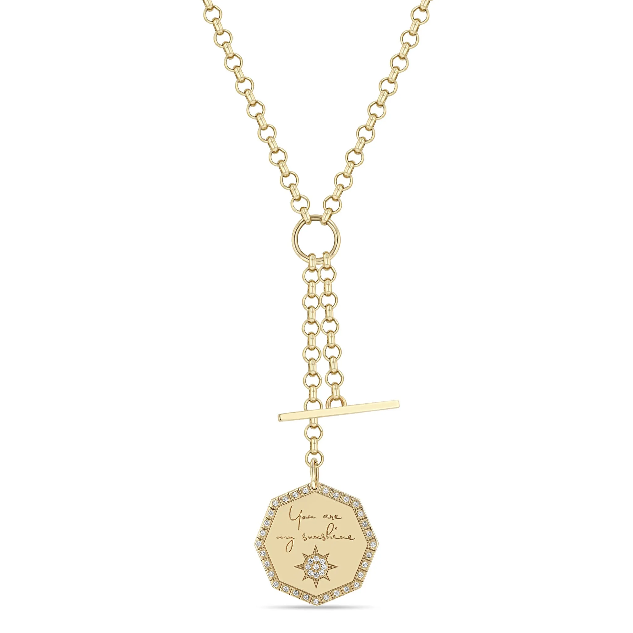 14k Medium You are my sunshine Diamond Octagon Mantra & Toggle Rolo Chain Lariat