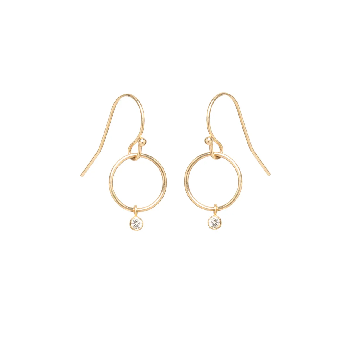 14k Tiny Circle Drop & Dangling Diamond Earrings