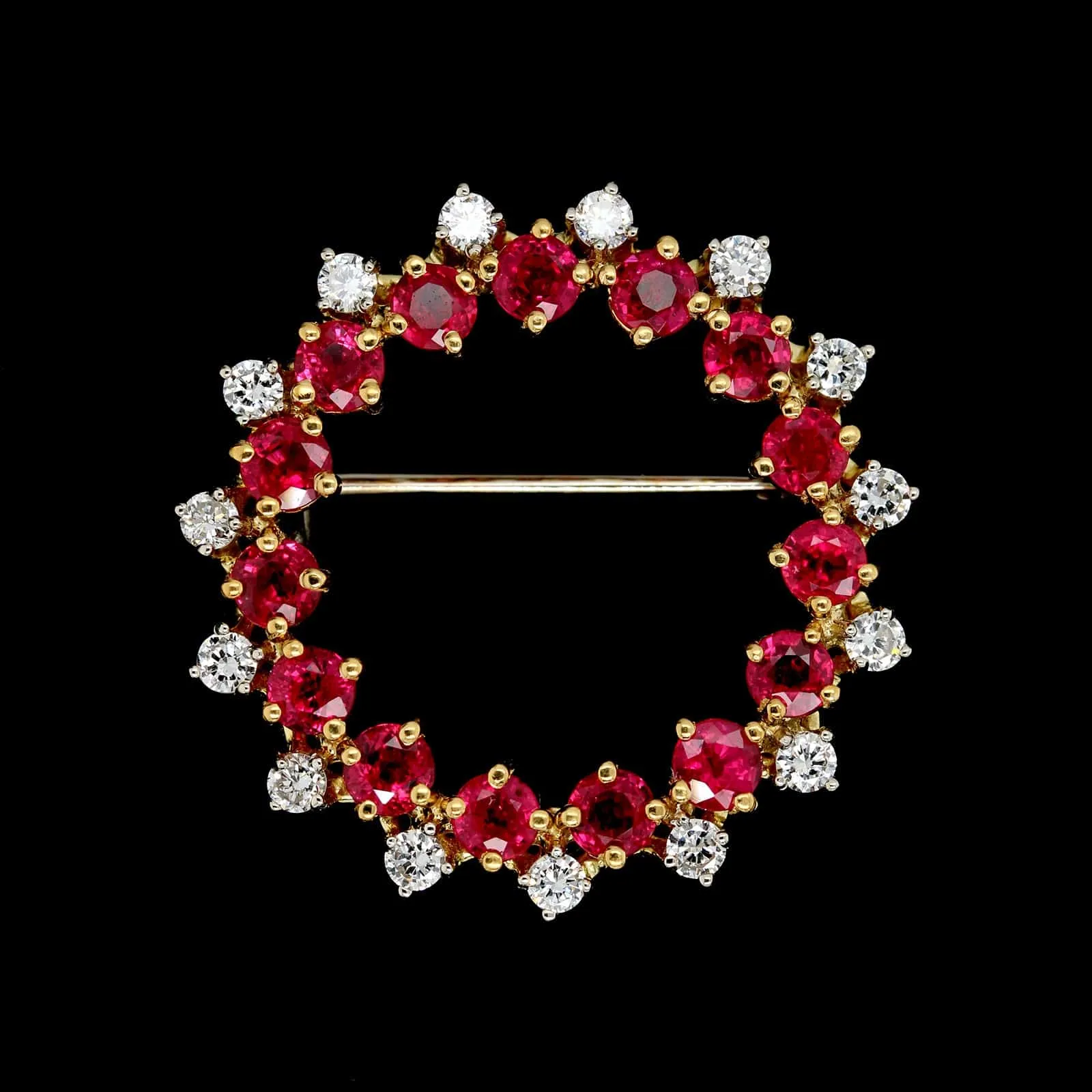 18K Two-tone Gold Estate Ruby and Diamond Circle Pin