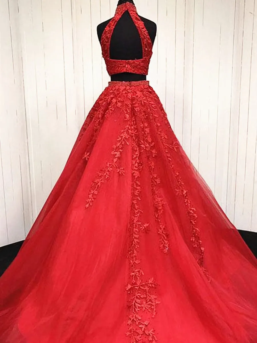 2 Pieces Pink Red Lace Prom Dresses, Two Pieces Pink Red Tulle Lace Formal Evening Dresses