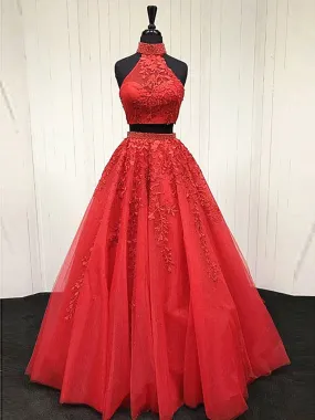 2 Pieces Pink Red Lace Prom Dresses, Two Pieces Pink Red Tulle Lace Formal Evening Dresses