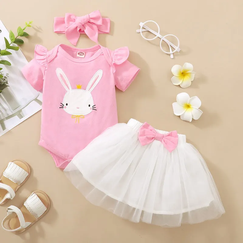 3 Pieces Set Baby Girls Rabbit Rompers Solid Color Skirts And Bow Headwear