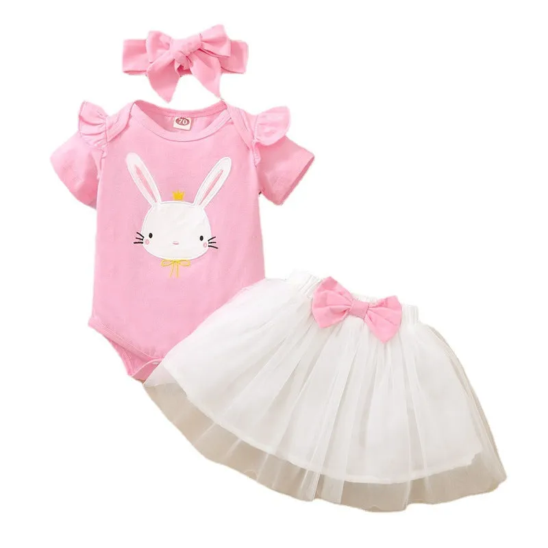 3 Pieces Set Baby Girls Rabbit Rompers Solid Color Skirts And Bow Headwear