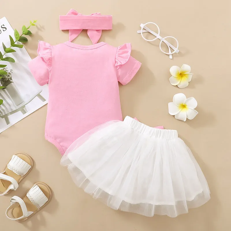 3 Pieces Set Baby Girls Rabbit Rompers Solid Color Skirts And Bow Headwear