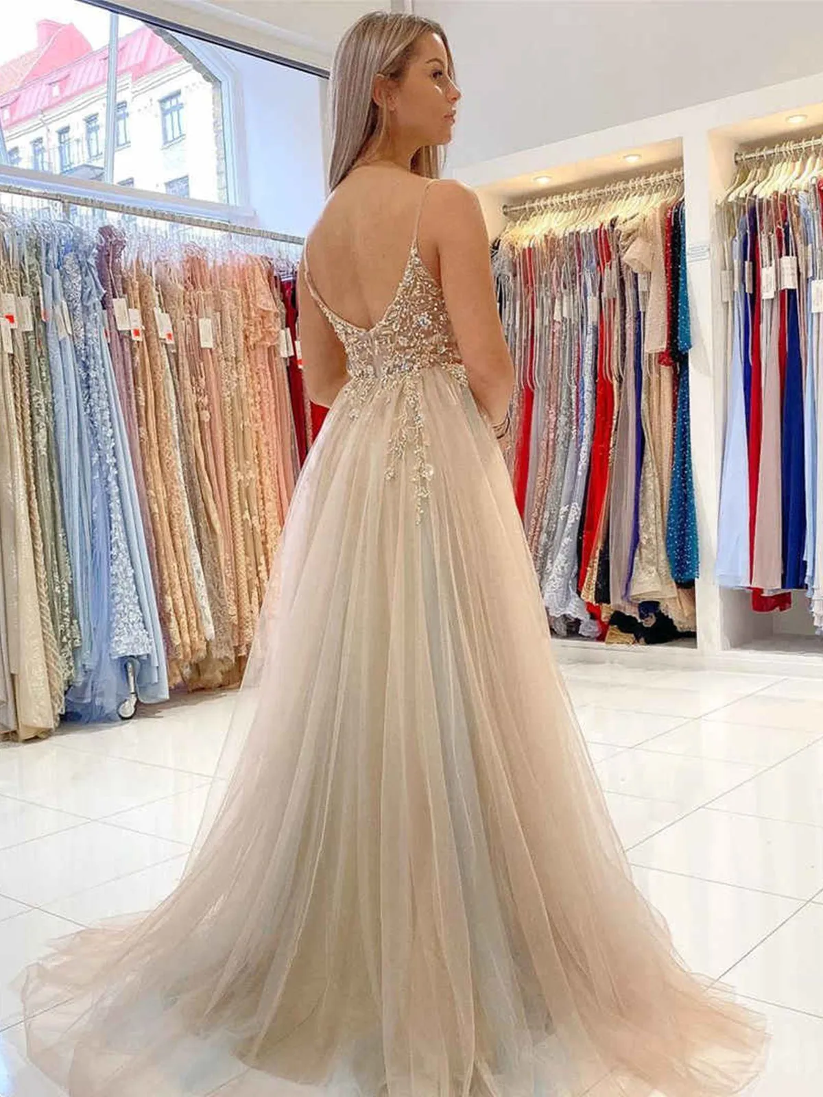 A-line V Neck Open Back Tulle Beaded Long Prom Dress with High Slit Gray Formal Evening Gowns