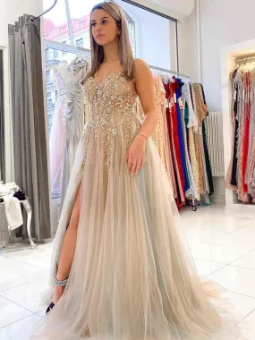 A-line V Neck Open Back Tulle Beaded Long Prom Dress with High Slit Gray Formal Evening Gowns