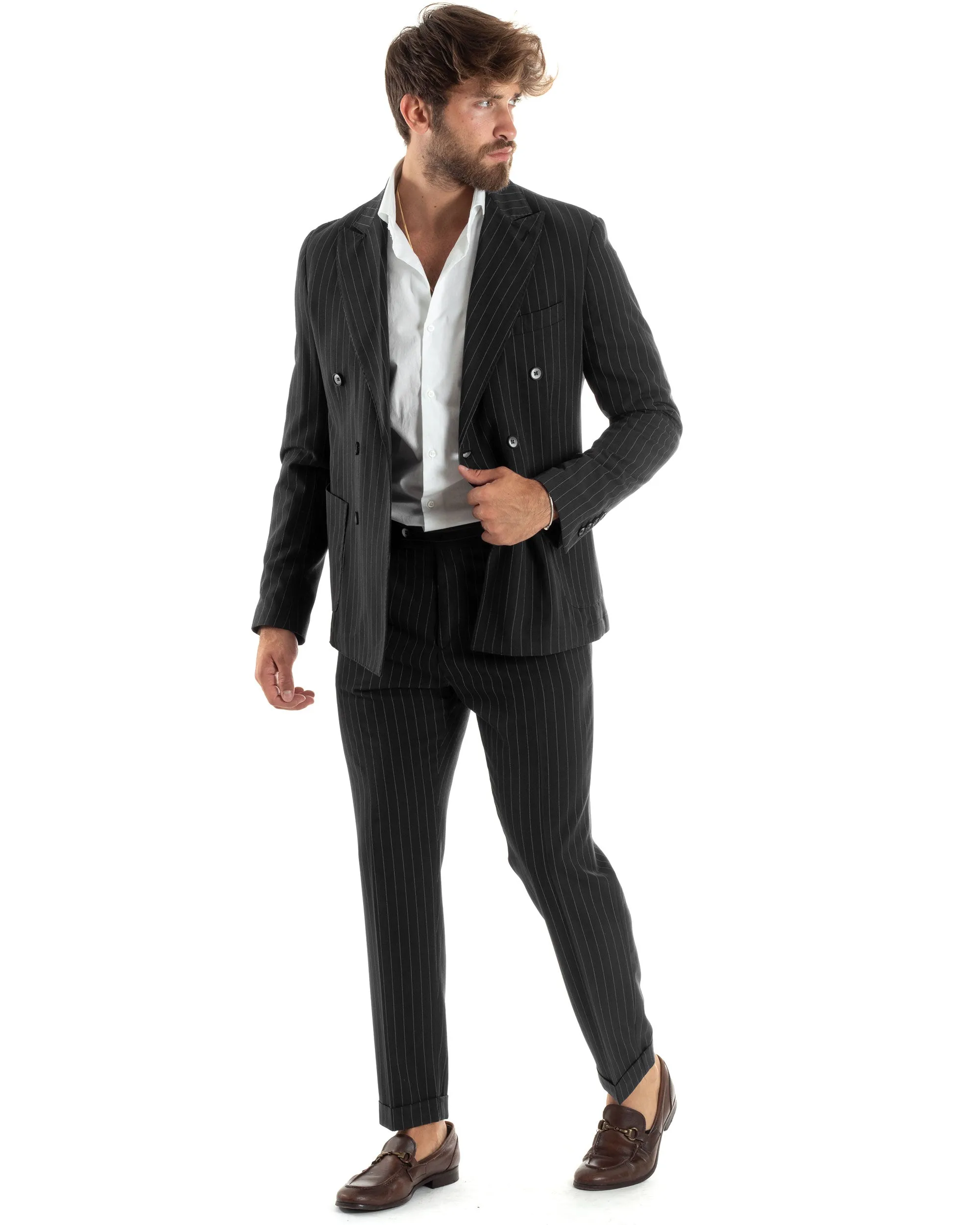 Abito Vestito Uomo Doppiopetto Completo Giacca Pantaloni Nero Rigato Gessato Elegante Casual GIOSAL-AE1060A