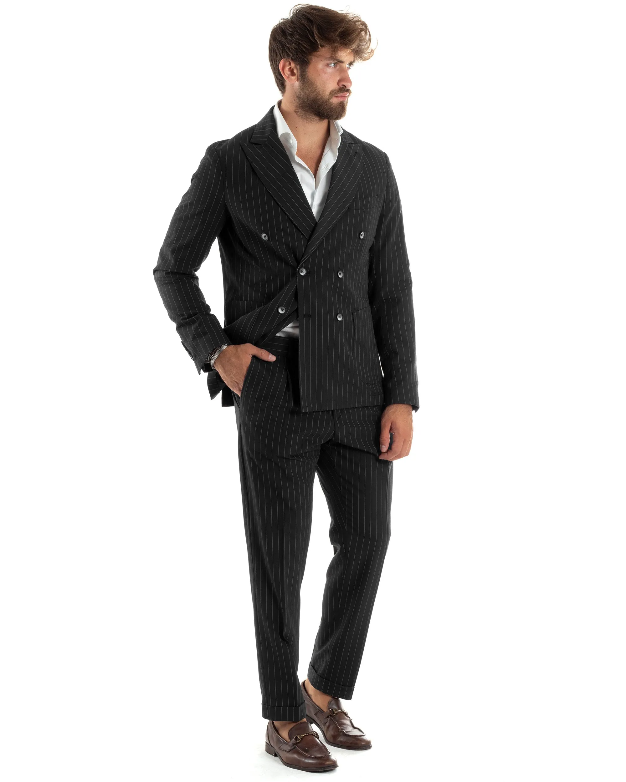 Abito Vestito Uomo Doppiopetto Completo Giacca Pantaloni Nero Rigato Gessato Elegante Casual GIOSAL-AE1060A