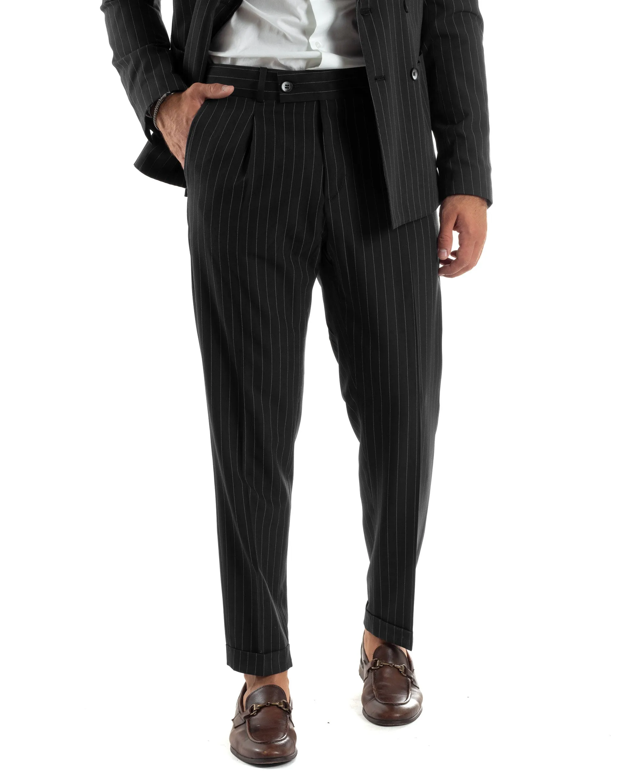 Abito Vestito Uomo Doppiopetto Completo Giacca Pantaloni Nero Rigato Gessato Elegante Casual GIOSAL-AE1060A