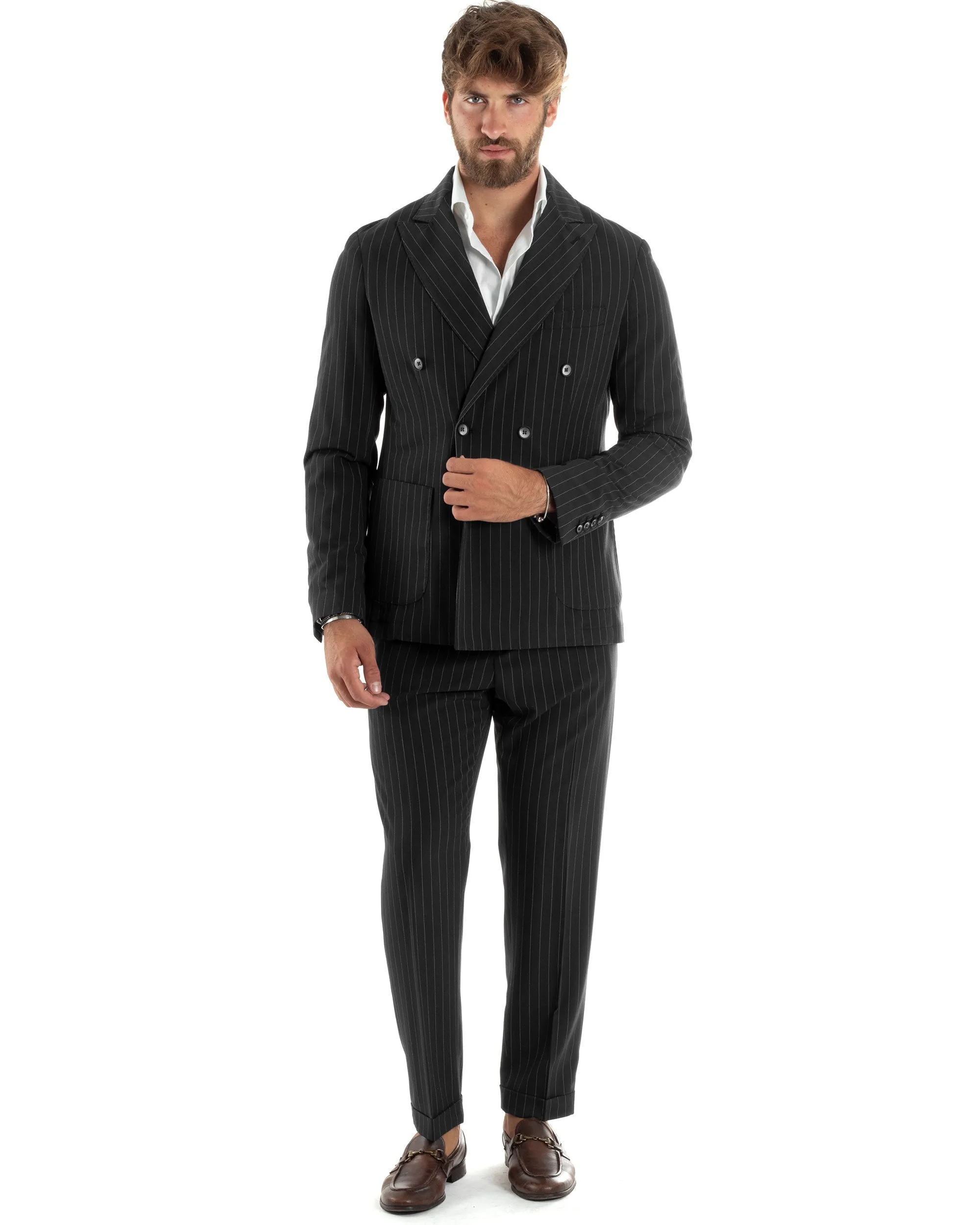 Abito Vestito Uomo Doppiopetto Completo Giacca Pantaloni Nero Rigato Gessato Elegante Casual GIOSAL-AE1060A