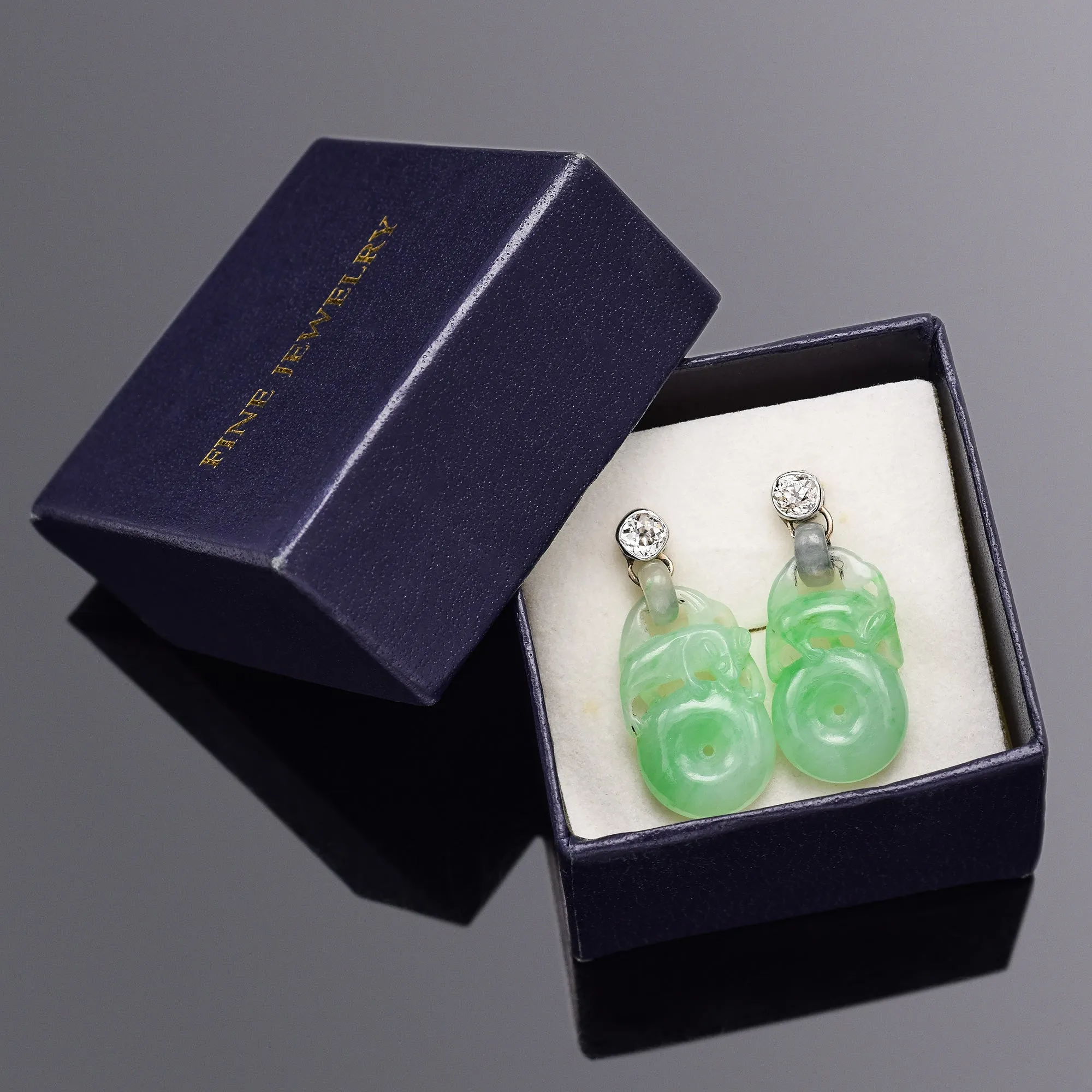 Antique 14K Gold Carved Green Jade & 0.50 TCW Old Mine Cut Diamond Earrings  Box