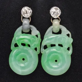 Antique 14K Gold Carved Green Jade & 0.50 TCW Old Mine Cut Diamond Earrings  Box