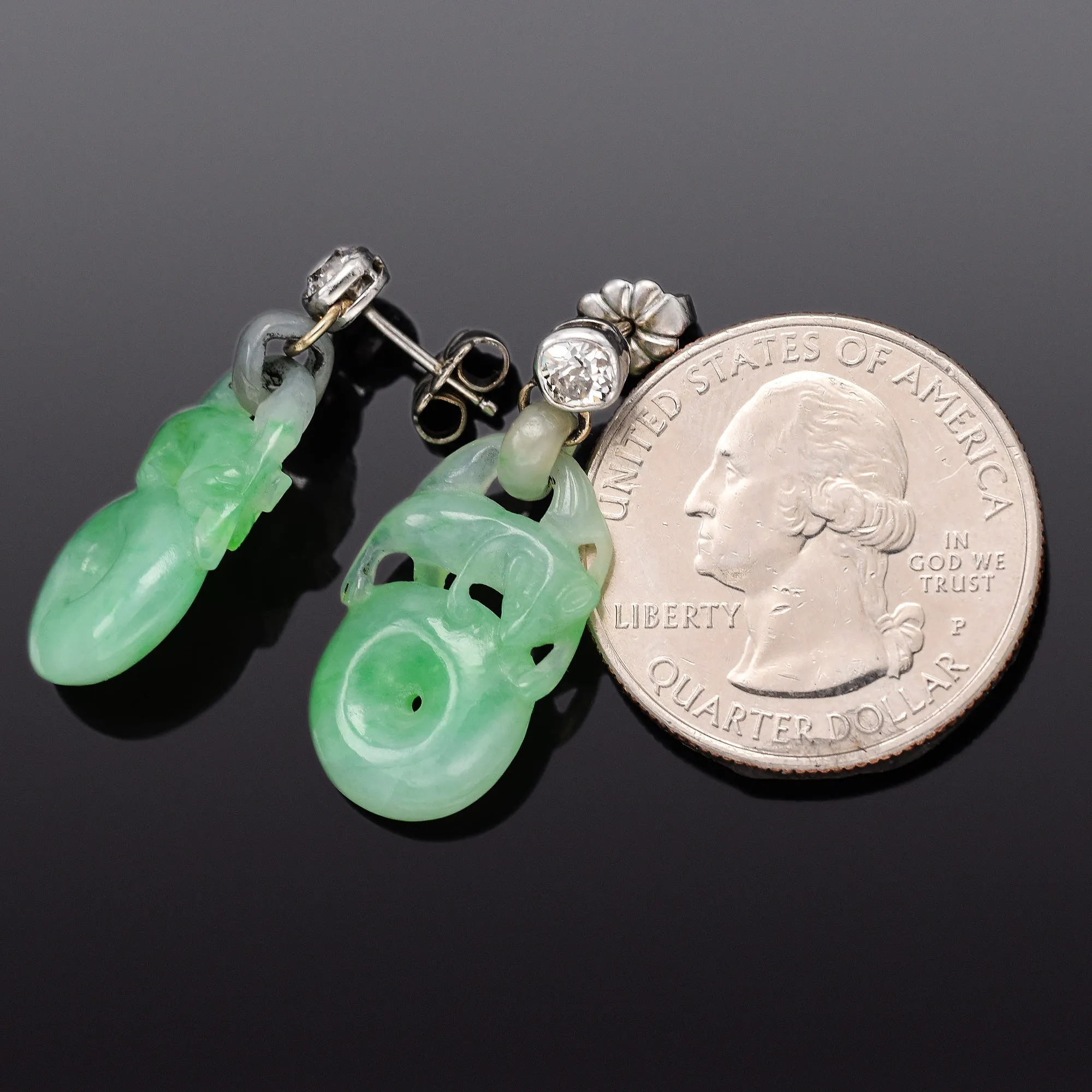 Antique 14K Gold Carved Green Jade & 0.50 TCW Old Mine Cut Diamond Earrings  Box