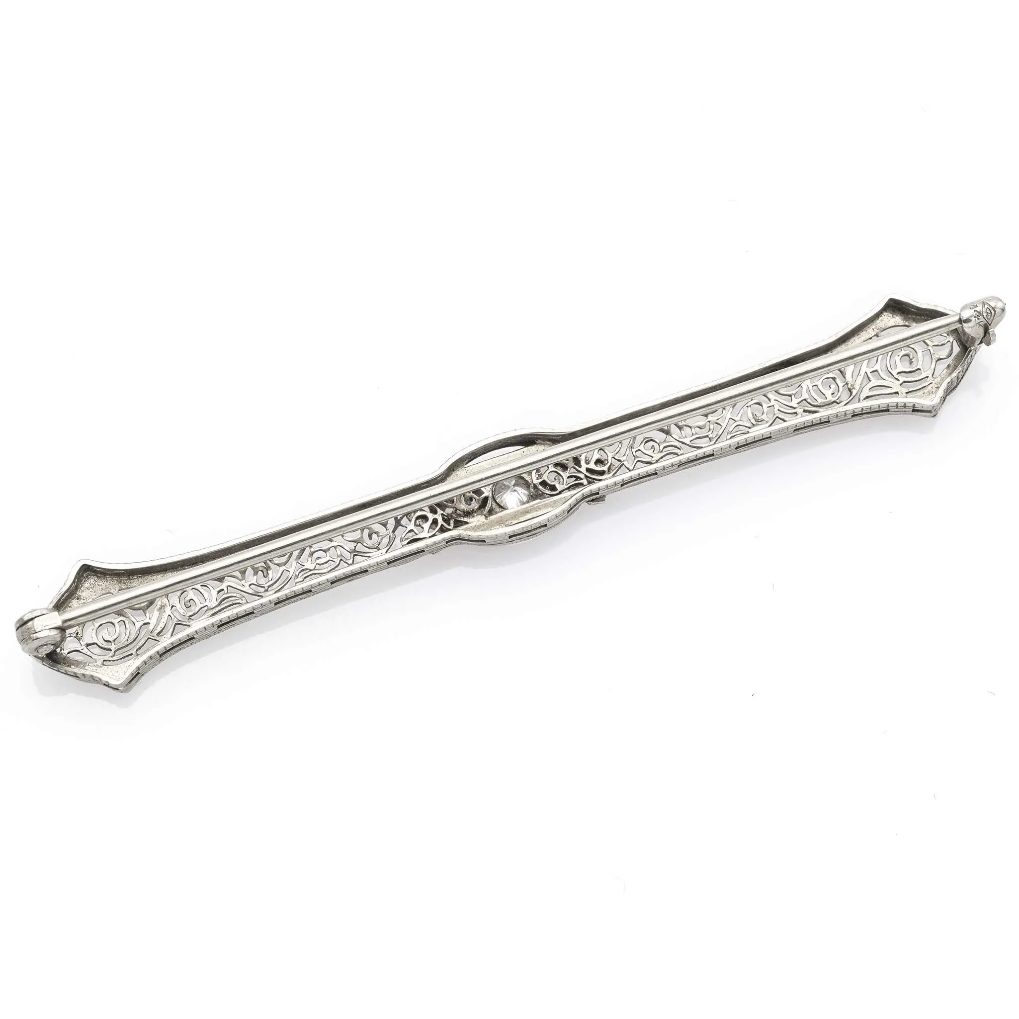 Antique 14K White Gold Diamond Art Deco Etched Filigree Brooch Bar Pin