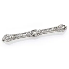 Antique 14K White Gold Diamond Art Deco Etched Filigree Brooch Bar Pin