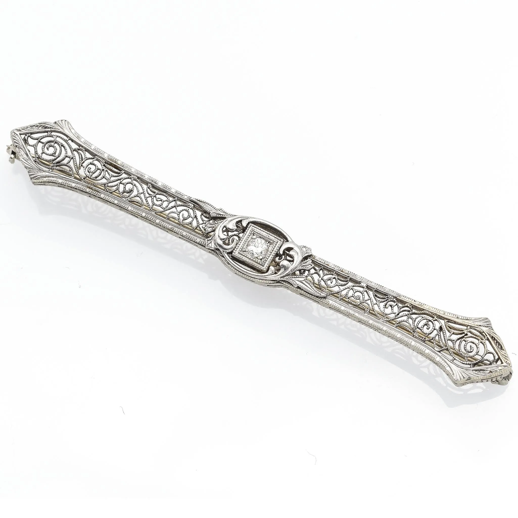 Antique 14K White Gold Diamond Art Deco Etched Filigree Brooch Bar Pin