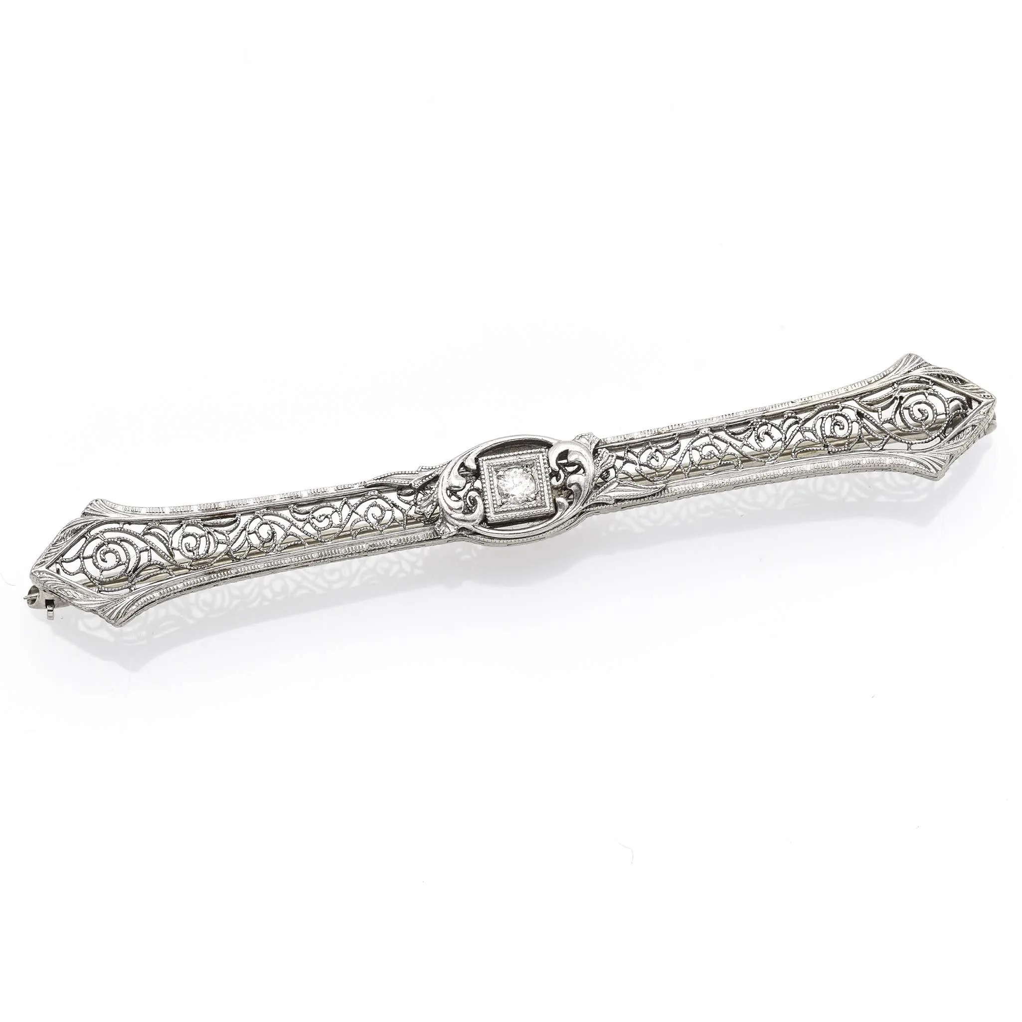 Antique 14K White Gold Diamond Art Deco Etched Filigree Brooch Bar Pin