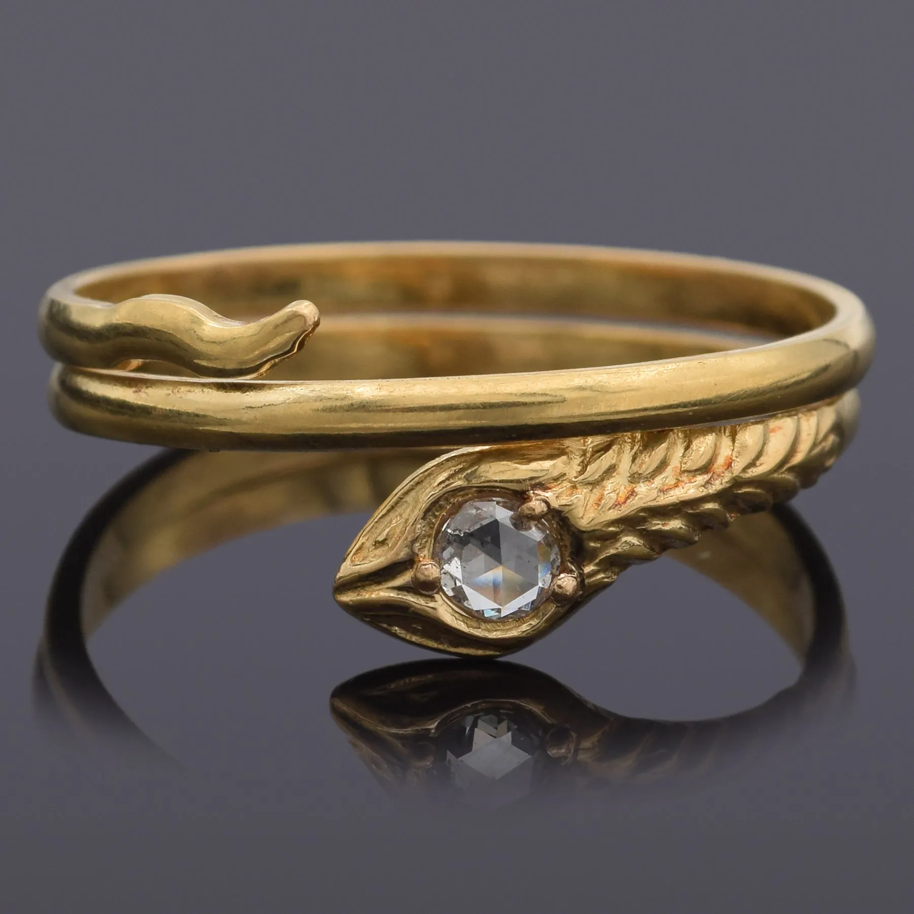 Antique 18K Yellow Gold Rose Cut H SI2 Diamond Snake Band Ring Size 4