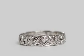 Art Deco Era Pierced Folate Diamond Set Wedding Band in Platinum