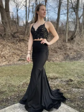 Black Two Piece Long Mermaid V Neck Lace Satin Graduation Prom Dresses