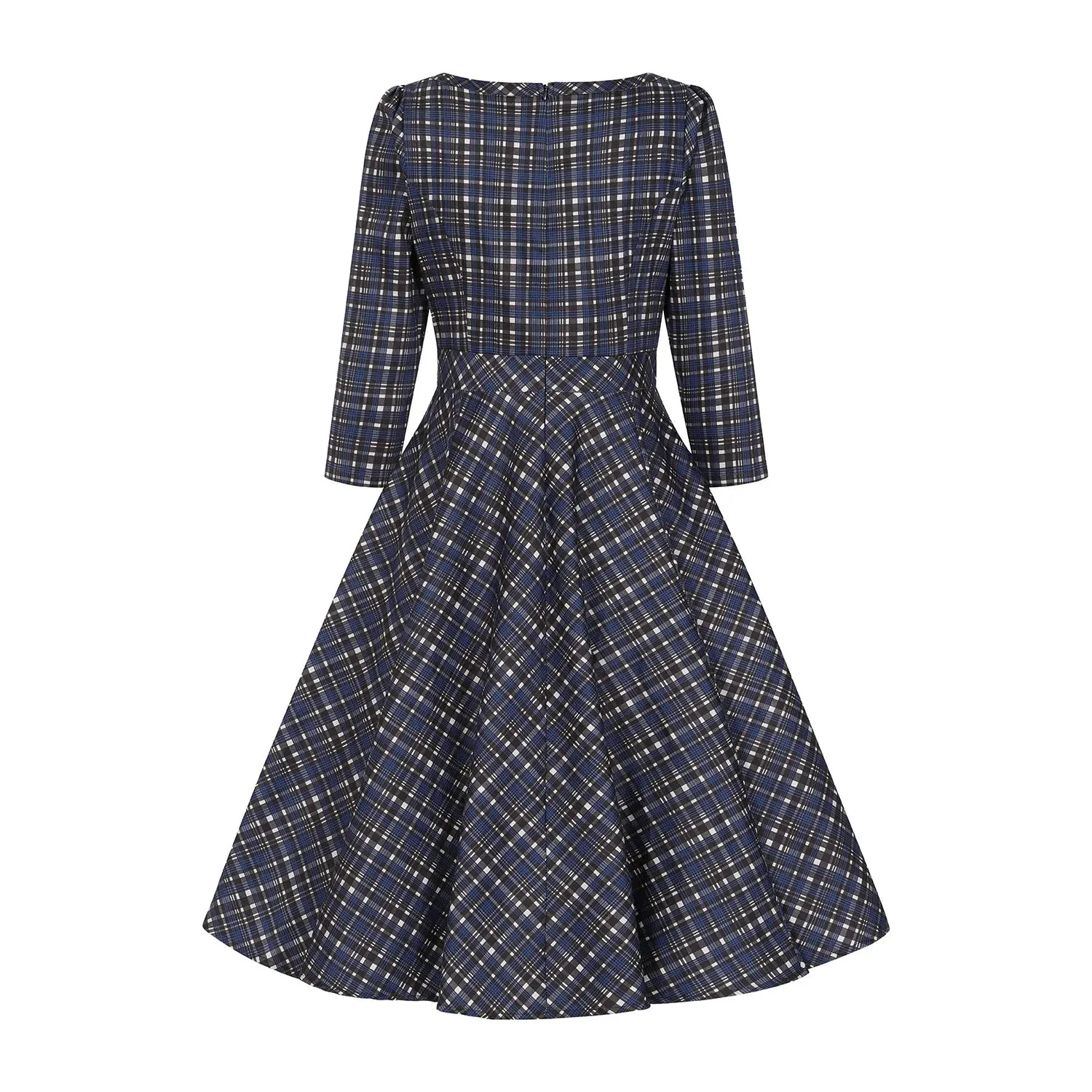 Blue Tartan Check Long Sleeve Burns Night & Rockabilly Style Swing Dress