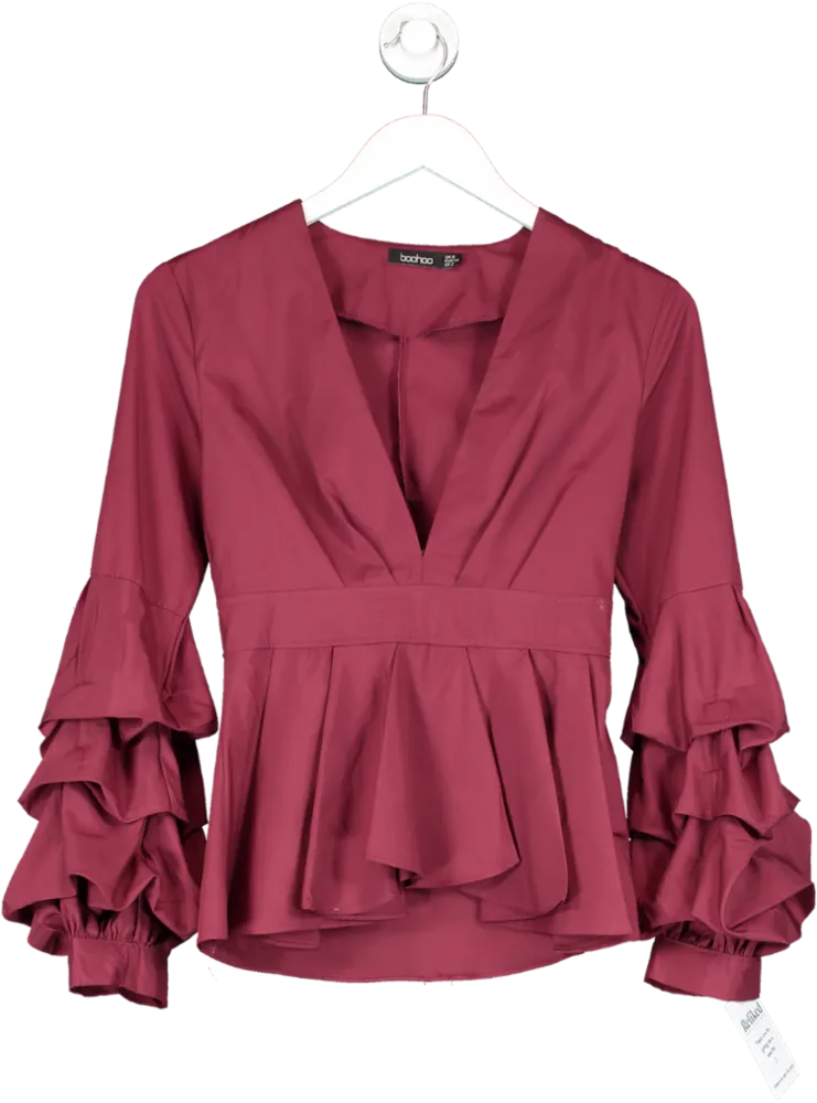 boohoo Red Tiered Ruffle Sleeve V Neck Top UK 6