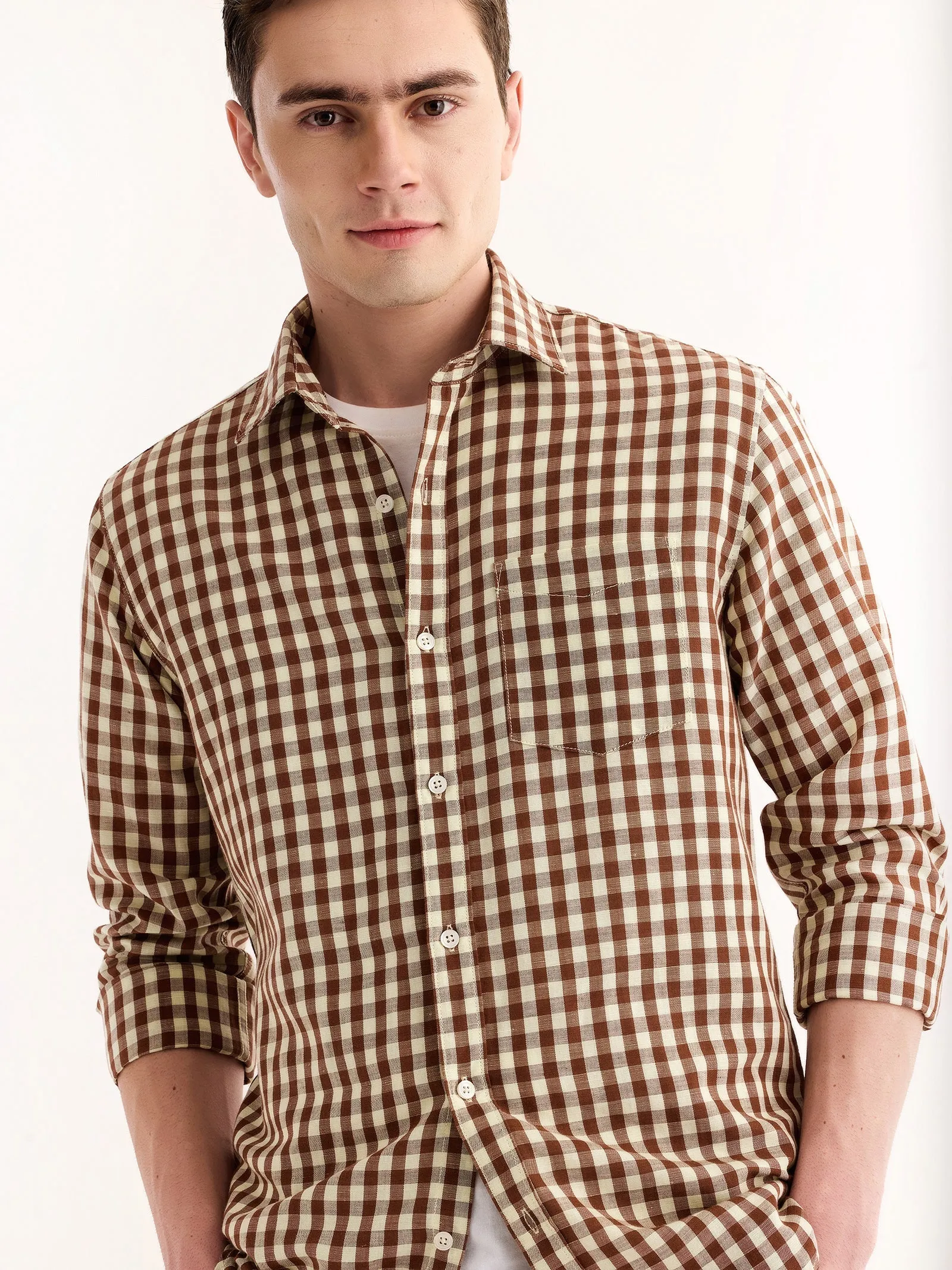 Brown Checked Linen Shirt