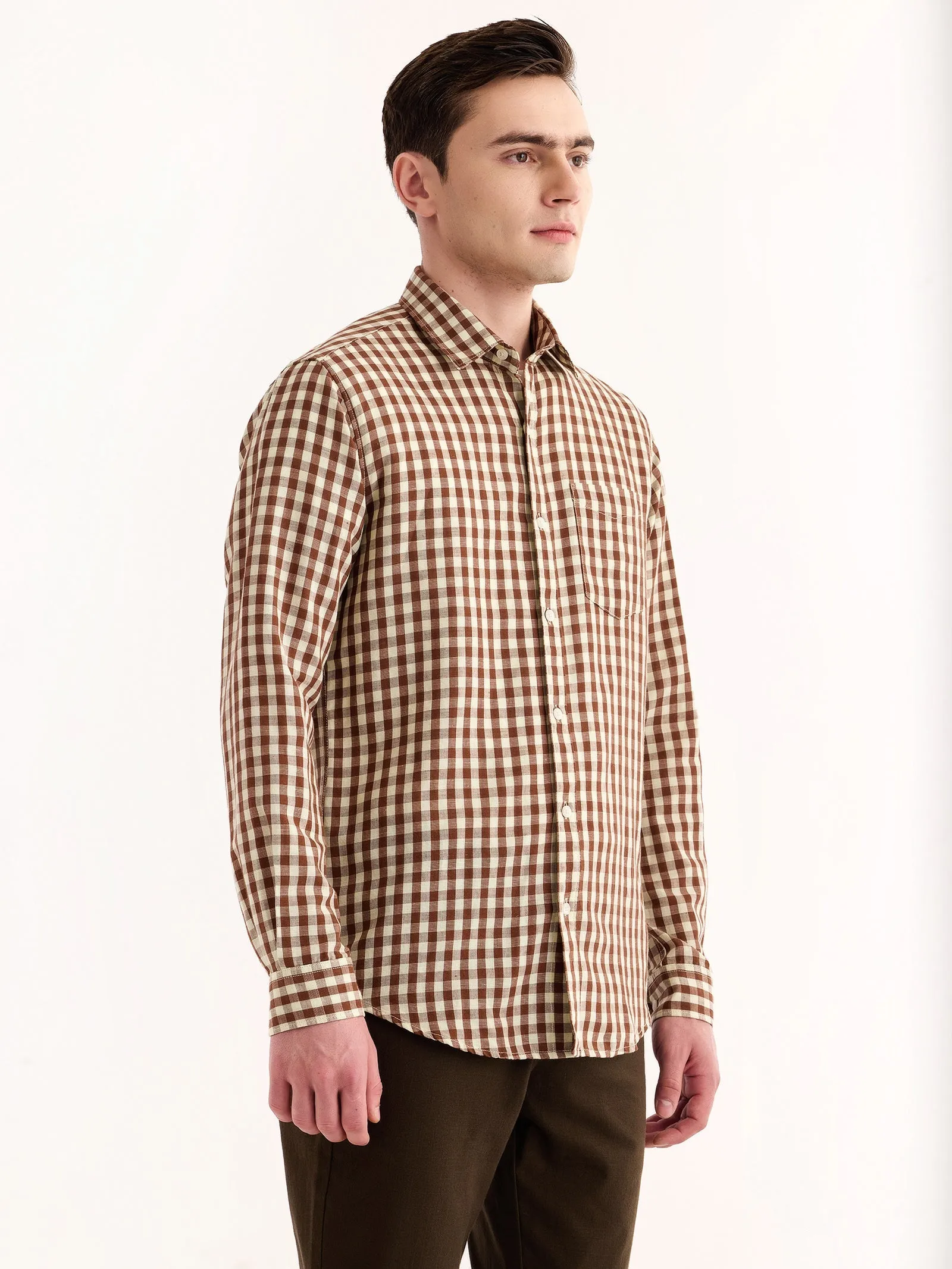 Brown Checked Linen Shirt