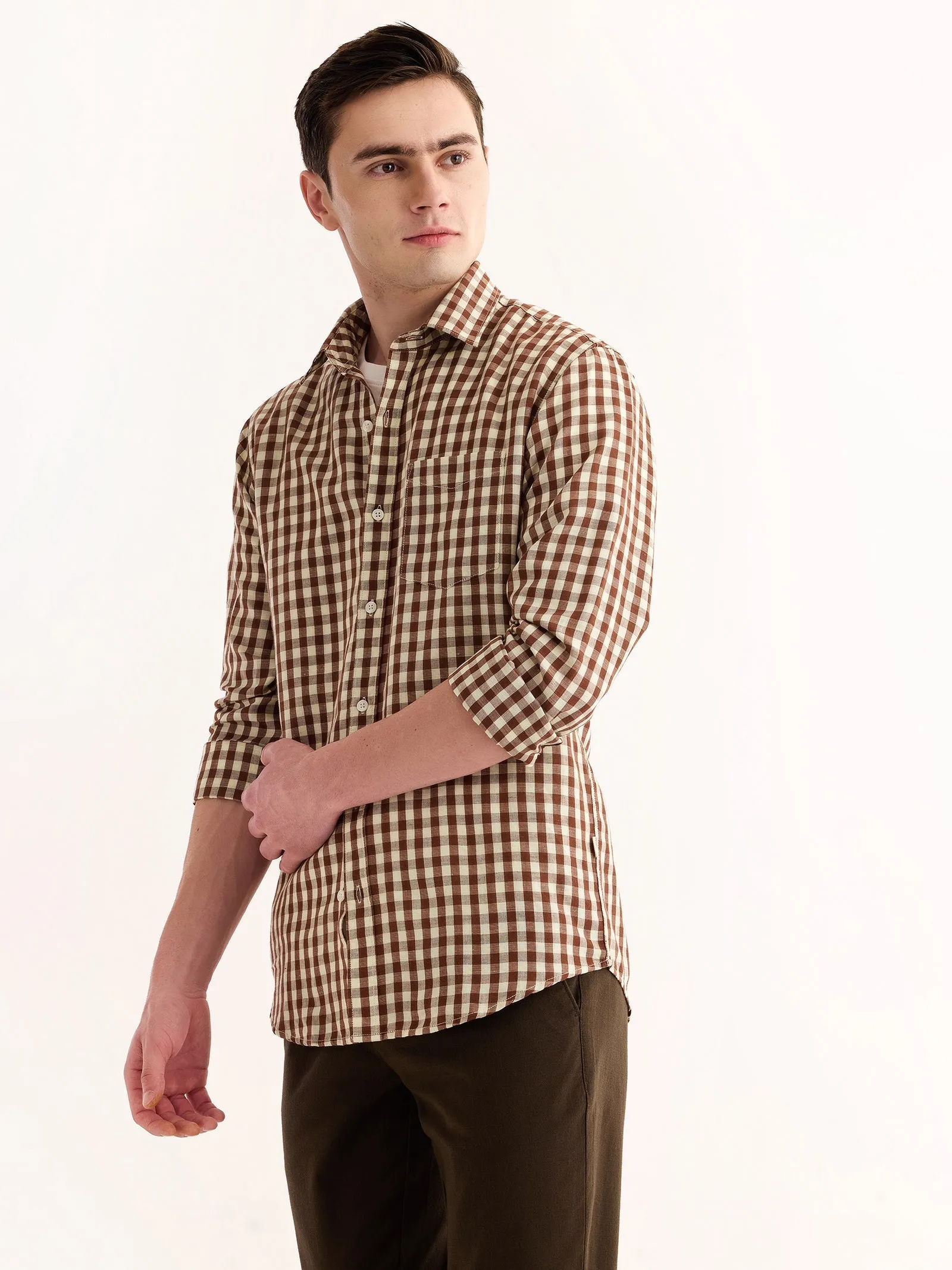 Brown Checked Linen Shirt