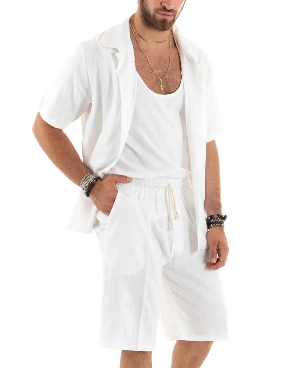 Completo Set Coordinato Uomo Lino Camicia Con Colletto Bermuda Outfit Bianco GIOSAL-OU2385A