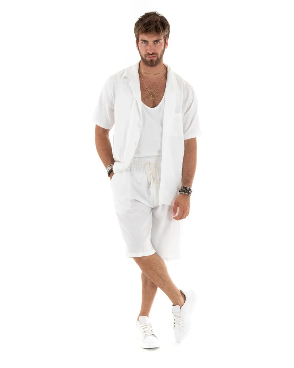 Completo Set Coordinato Uomo Lino Camicia Con Colletto Bermuda Outfit Bianco GIOSAL-OU2385A