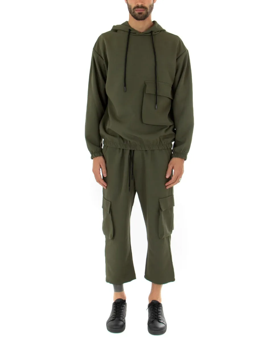 Completo Tuta Uomo Viscosa Verde Relaxed Fit Felpa Con Cappuccio Pantaloni Cargo GIOSAL-OU1844A