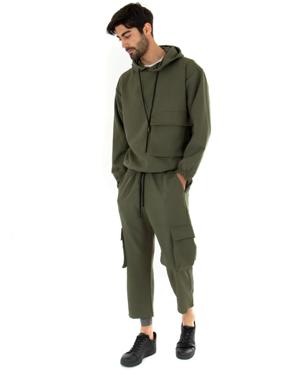 Completo Tuta Uomo Viscosa Verde Relaxed Fit Felpa Con Cappuccio Pantaloni Cargo GIOSAL-OU1844A