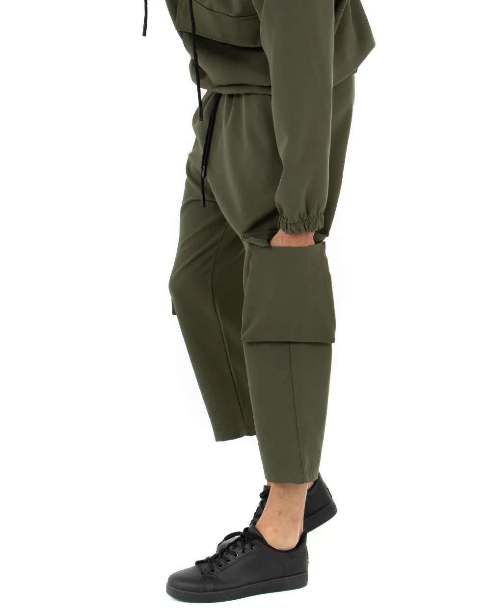 Completo Tuta Uomo Viscosa Verde Relaxed Fit Felpa Con Cappuccio Pantaloni Cargo GIOSAL-OU1844A