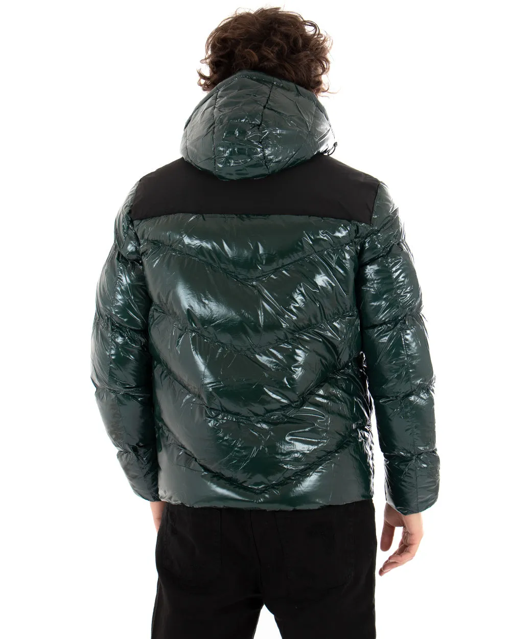 Giubbotto Uomo Bomber Vernice Lucido Verde Tinta Unita Puffer Cappuccio GIOSAL-G2666A