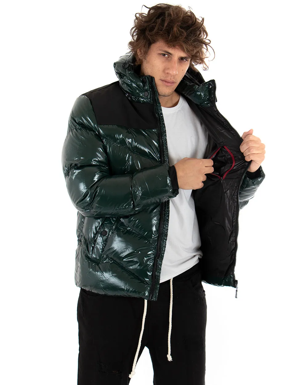 Giubbotto Uomo Bomber Vernice Lucido Verde Tinta Unita Puffer Cappuccio GIOSAL-G2666A