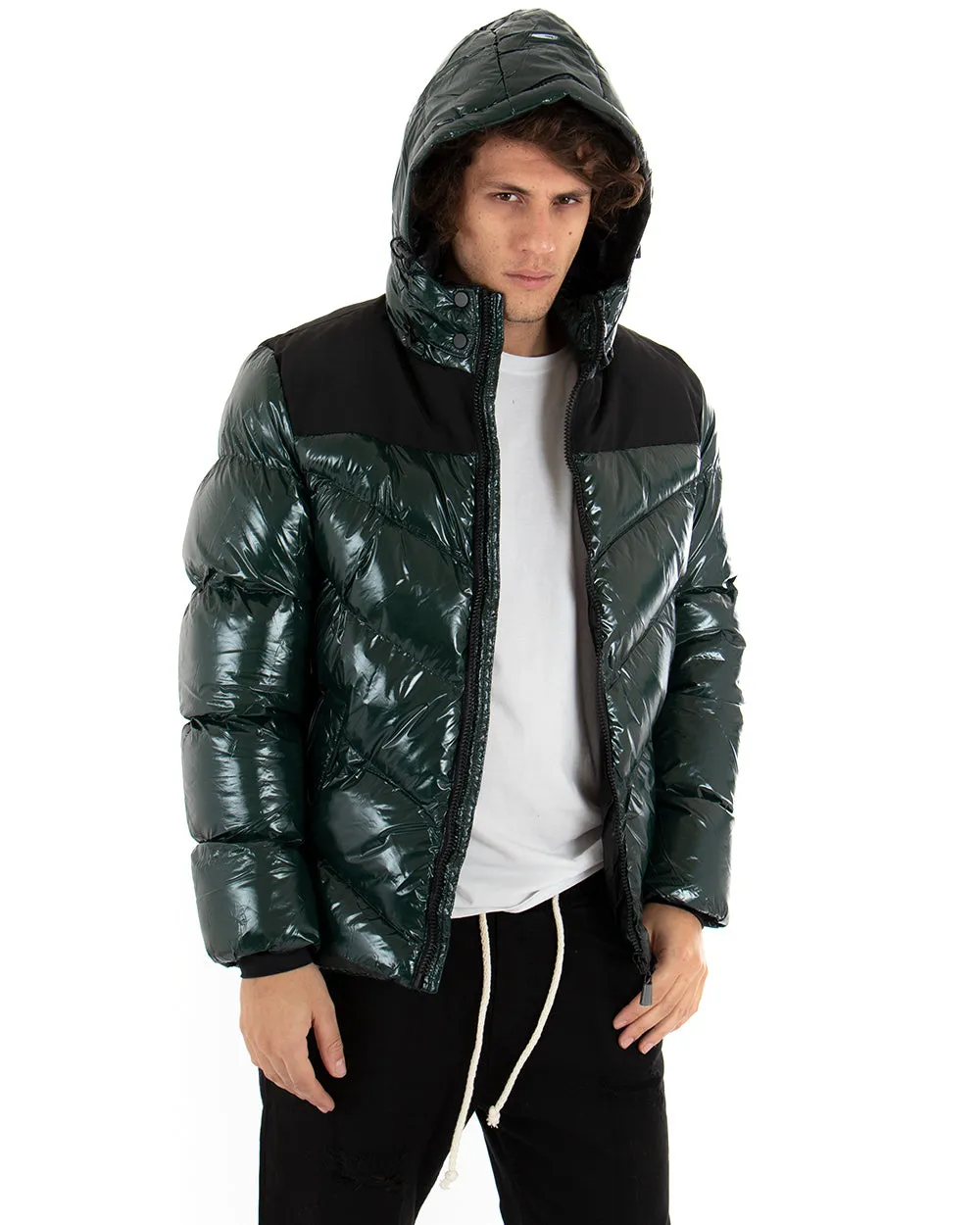 Giubbotto Uomo Bomber Vernice Lucido Verde Tinta Unita Puffer Cappuccio GIOSAL-G2666A