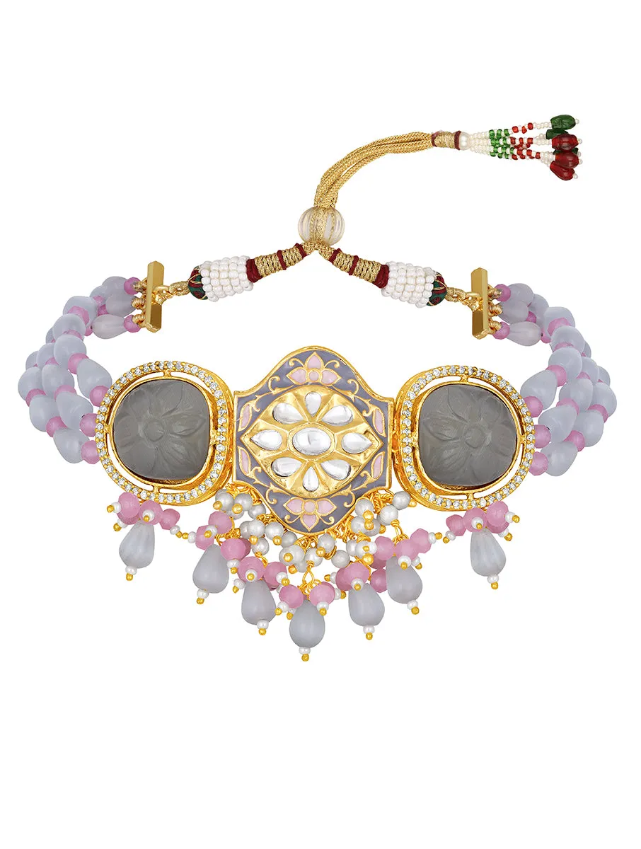 Gold Plated Kundan Necklace with Monalisa and Agate