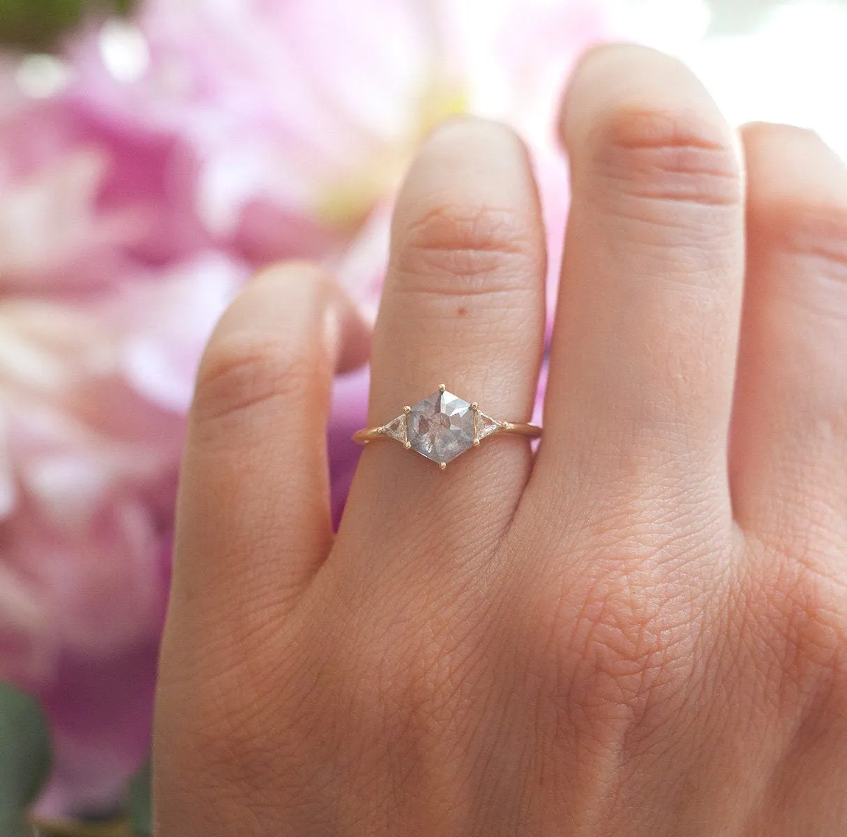 Hexagon Salt Pepper Ring With Side Triangle White Diamonds