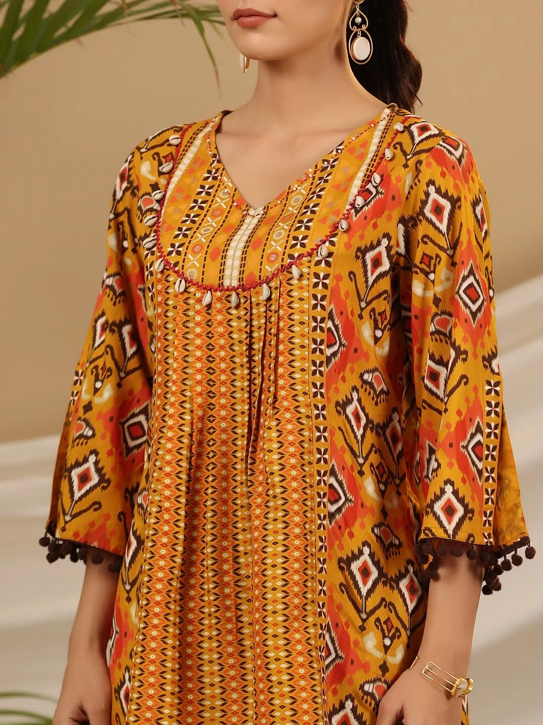 Juniper Mustard Rayon Ikat Printed A-Line Lacy Tunic With Pintucks At Works & Beadwork