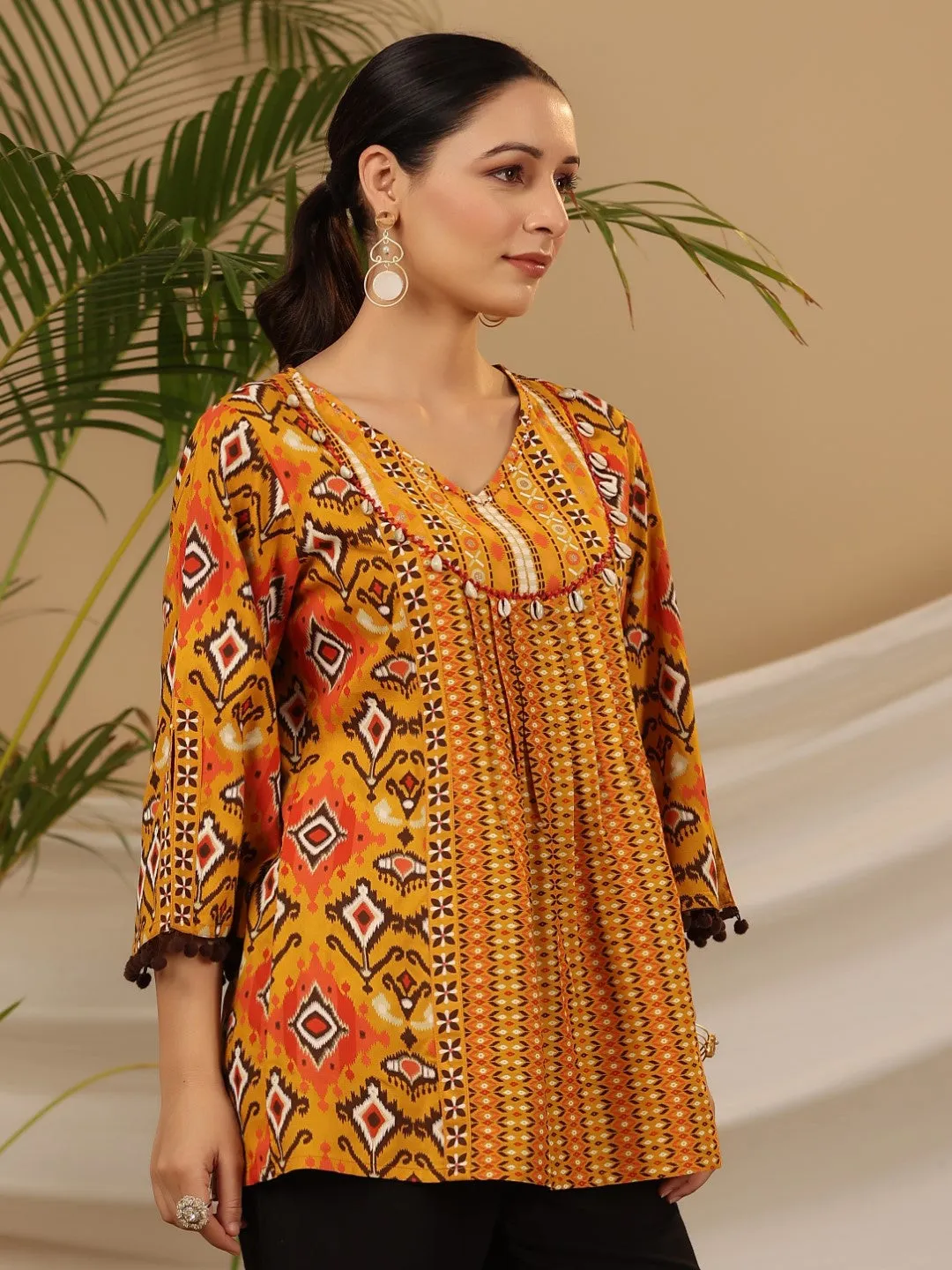 Juniper Mustard Rayon Ikat Printed A-Line Lacy Tunic With Pintucks At Works & Beadwork