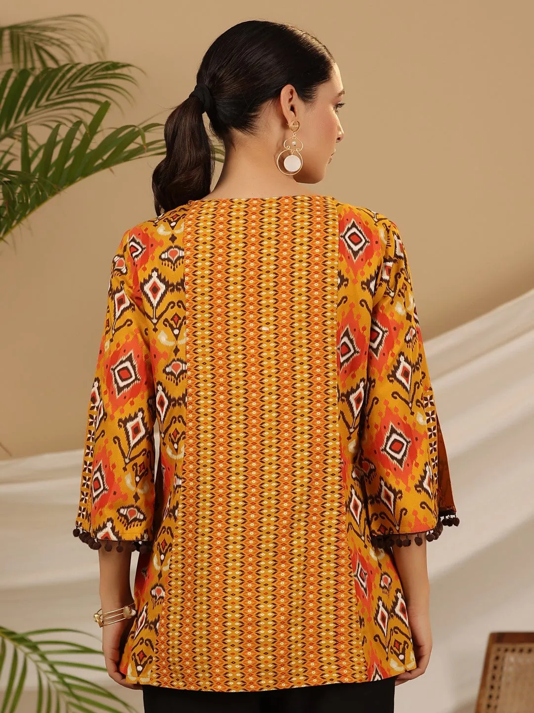 Juniper Mustard Rayon Ikat Printed A-Line Lacy Tunic With Pintucks At Works & Beadwork