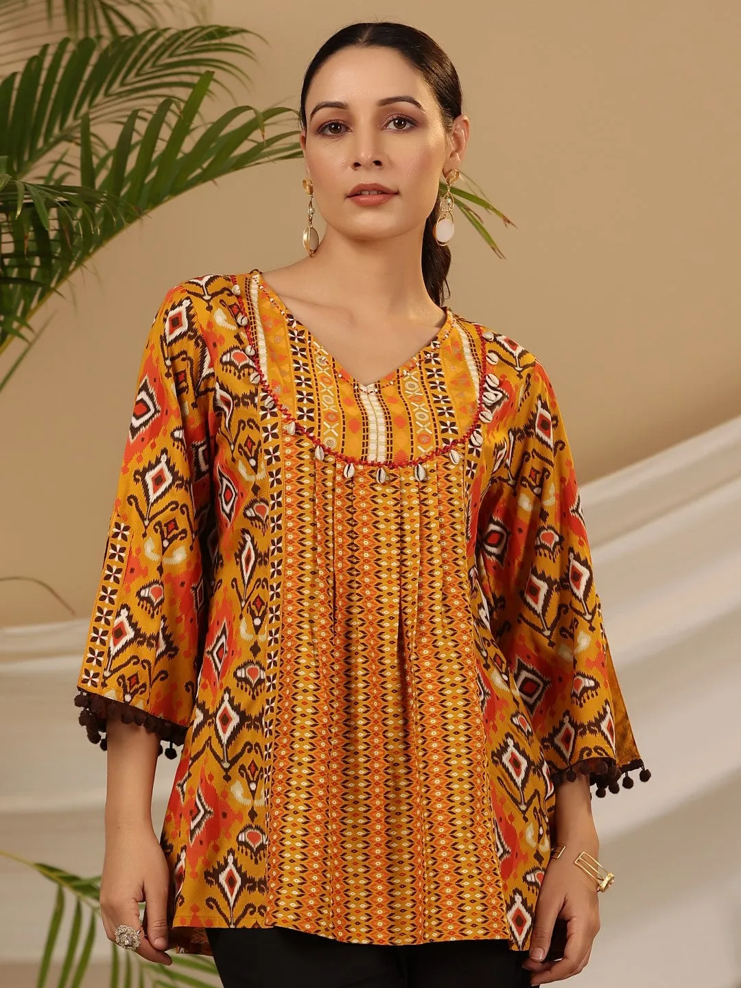 Juniper Mustard Rayon Ikat Printed A-Line Lacy Tunic With Pintucks At Works & Beadwork