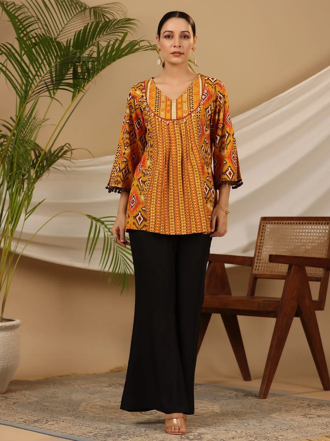 Juniper Mustard Rayon Ikat Printed A-Line Lacy Tunic With Pintucks At Works & Beadwork