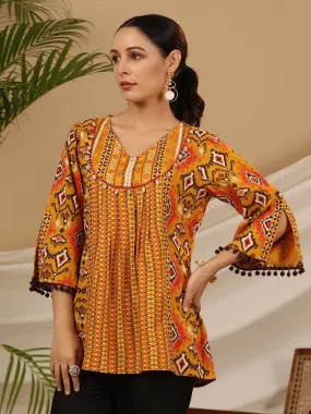 Juniper Mustard Rayon Ikat Printed A-Line Lacy Tunic With Pintucks At Works & Beadwork