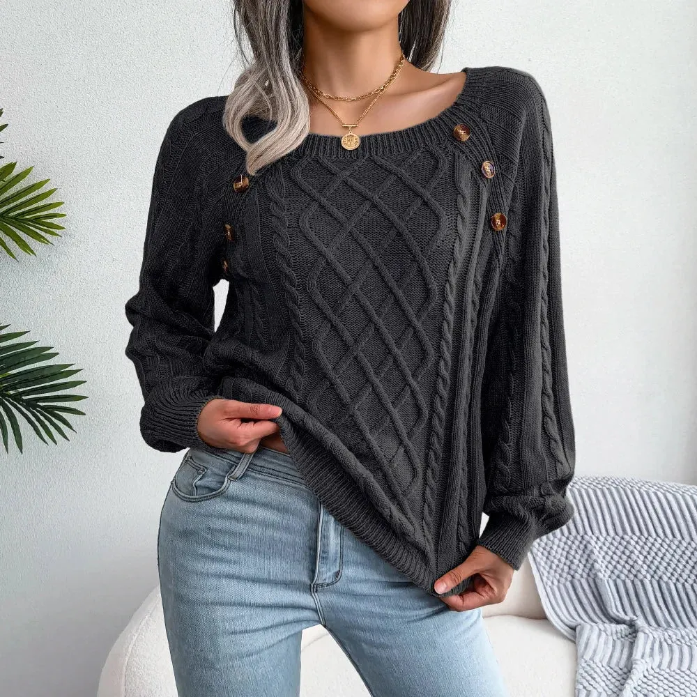 Maglione Girocollo Donna Autunno Inverno Bottone Casual Pullover Lavorato Maglia Maniche Lunghe Trama Intreccio