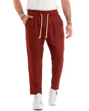 Pantaloni Uomo Pantalaccio Lino Lungo Jogger Elastico Sartoriale Casual Tinta Unita Mattone GIOSAL-P5812A