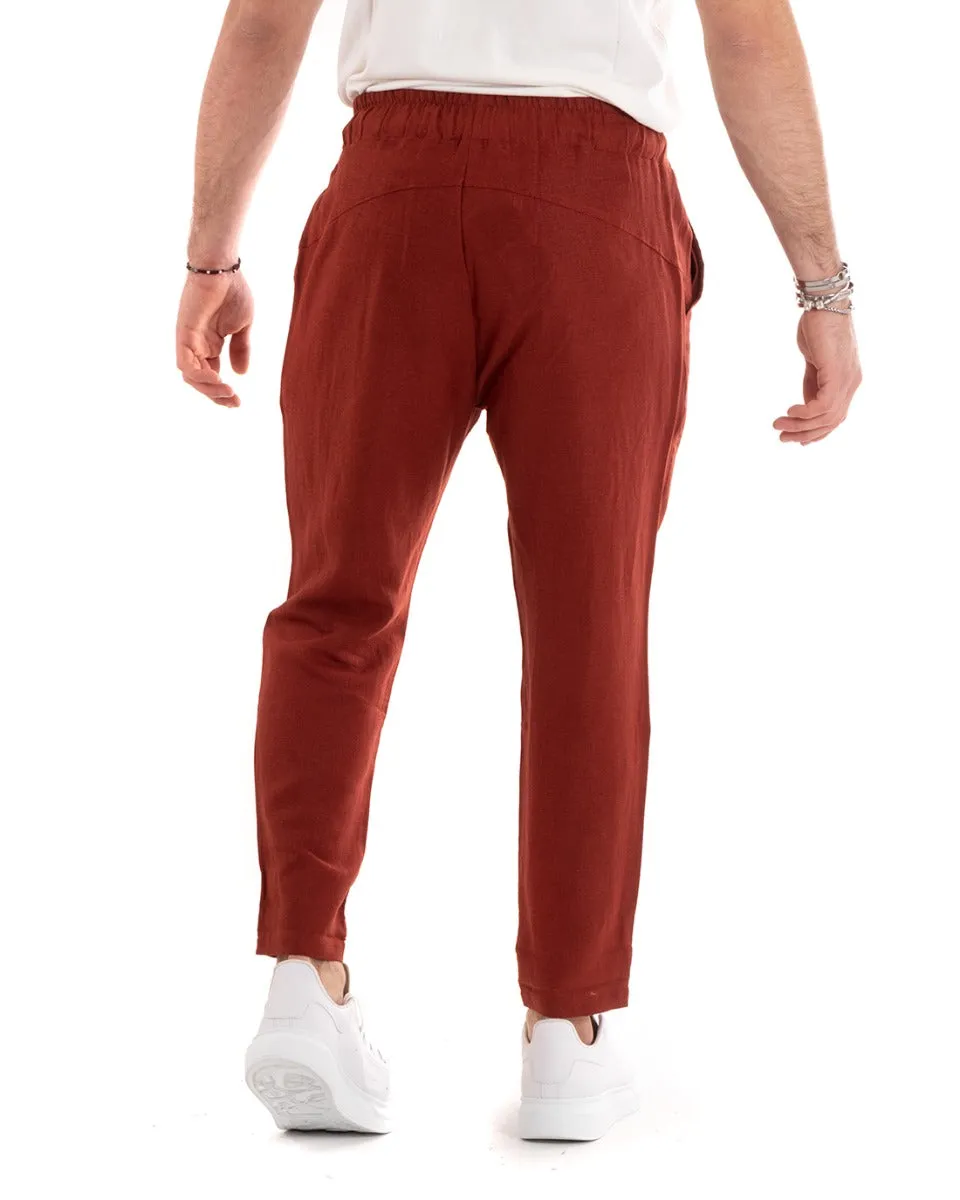 Pantaloni Uomo Pantalaccio Lino Lungo Jogger Elastico Sartoriale Casual Tinta Unita Mattone GIOSAL-P5812A