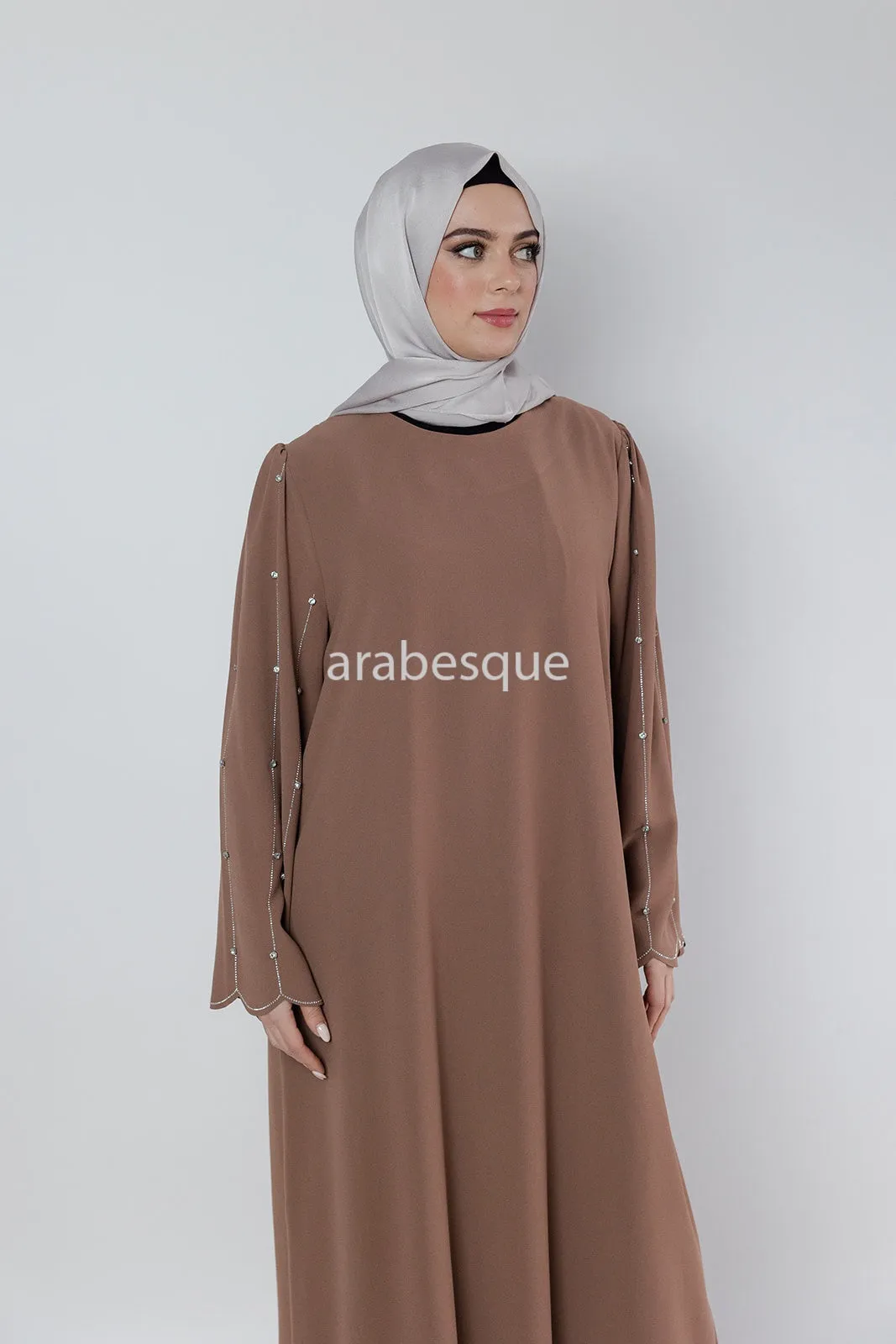 Pastel Brown Stone work Sleeve Closed Abaya